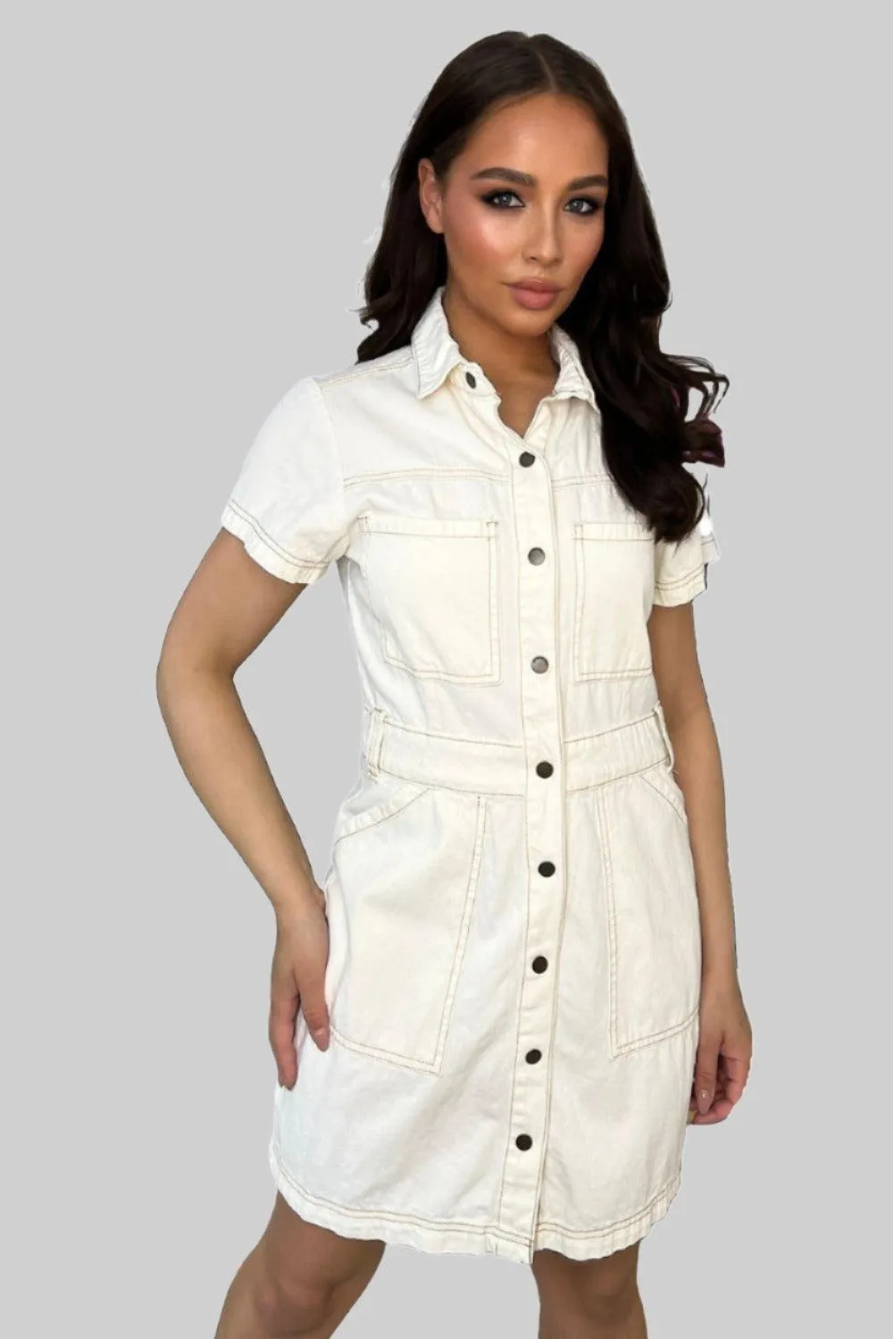 Popper Buttons Front Light Denim Dress