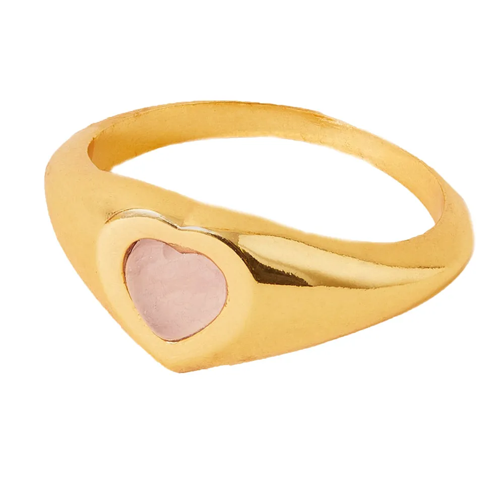 Real Gold Plated Gold Z Rose Quartz Heart Signet Ring-Small