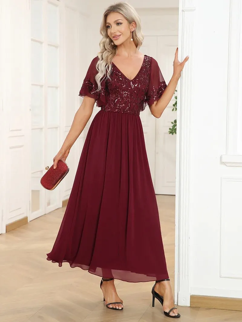 Short Ruffles Sleeves V Neck Mother of the Bride Dresses