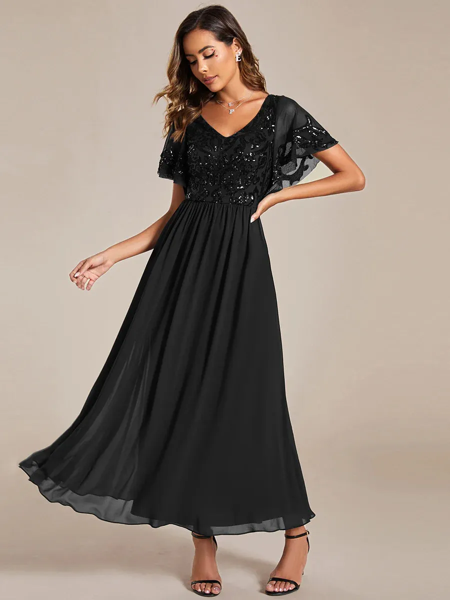 Short Ruffles Sleeves V Neck Mother of the Bride Dresses