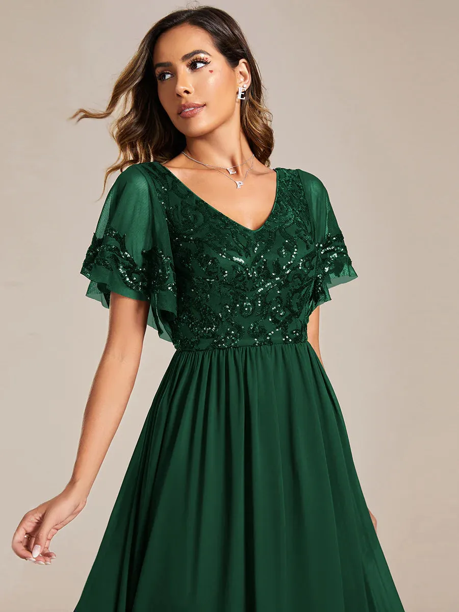 Short Ruffles Sleeves V Neck Mother of the Bride Dresses