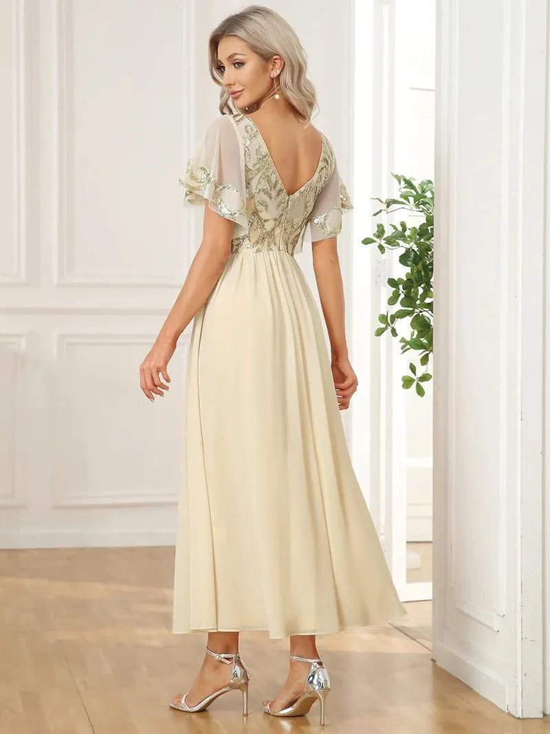 Short Ruffles Sleeves V Neck Mother of the Bride Dresses