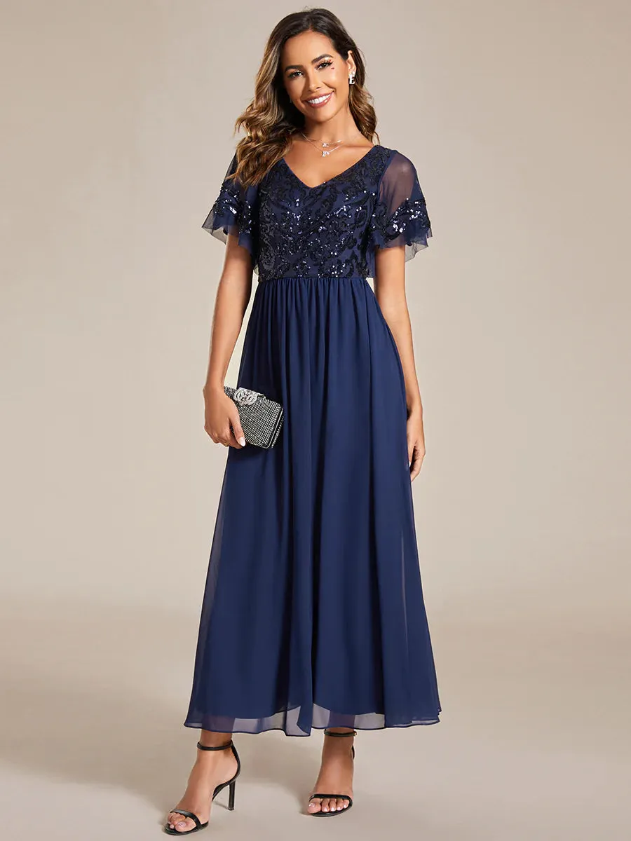 Short Ruffles Sleeves V Neck Mother of the Bride Dresses