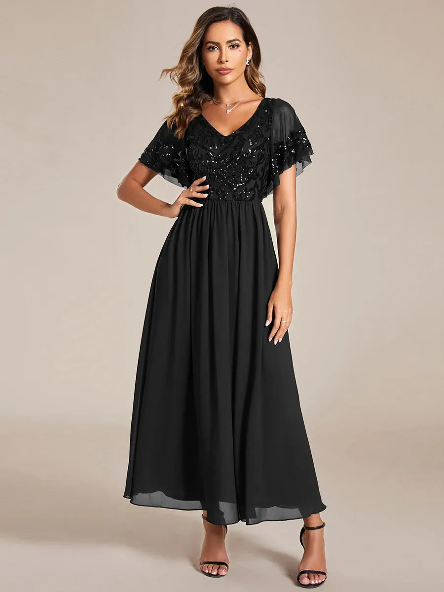 Short Ruffles Sleeves V Neck Mother of the Bride Dresses