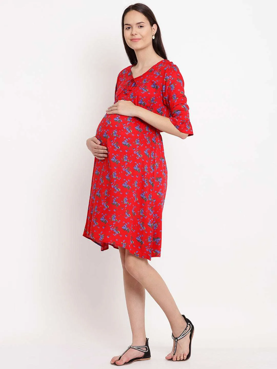 Side Knot by mine4nine Women's Maternity Red Sustainable Rayon Maternity Dress