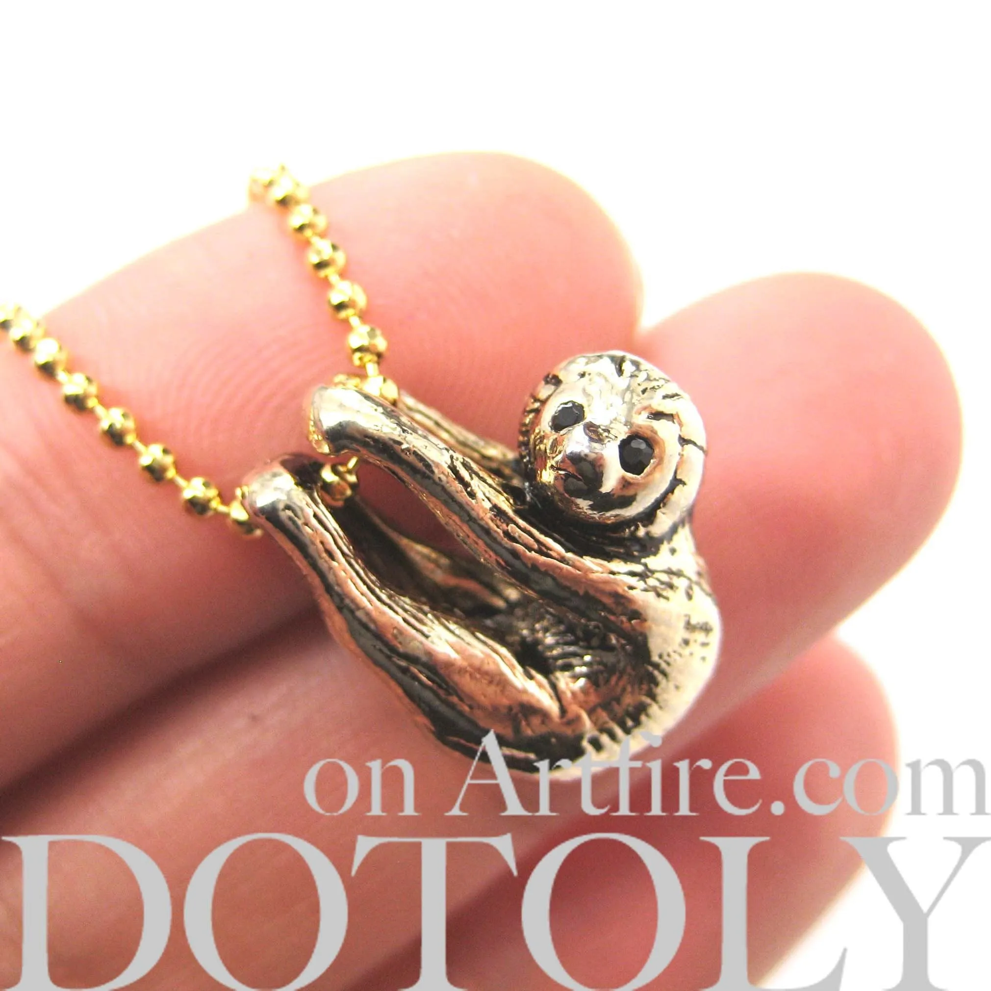 Sloth Baby Animal Pendant Necklace Realistic and Cute in Shiny Gold