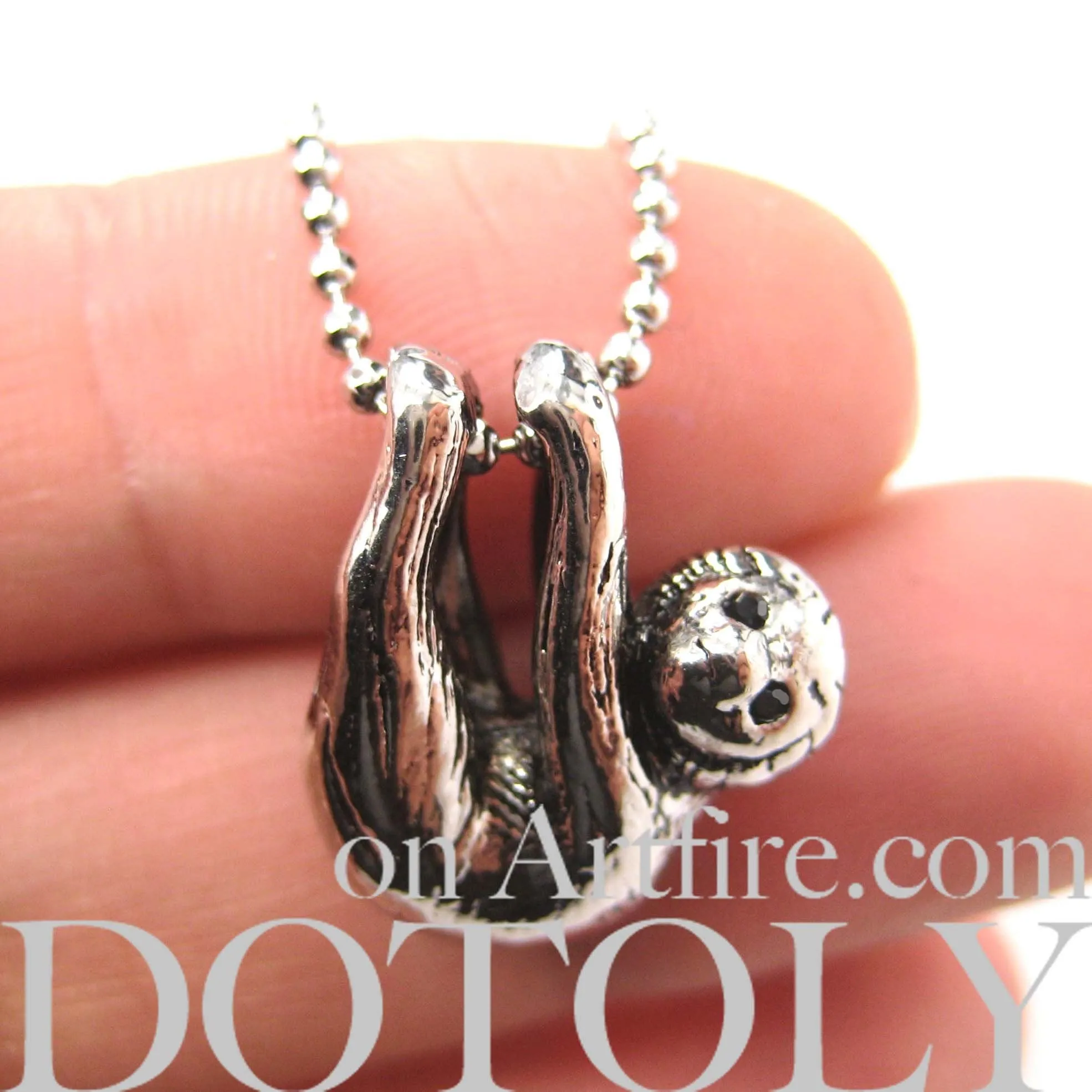 Sloth Baby Animal Pendant Necklace Realistic and Cute in Shiny Silver