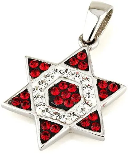 Star of David Pendant Red and  White Gemstones   Sterling Silver Necklace