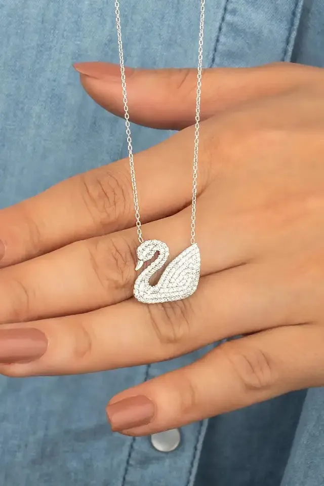 sterling Silver Zircon Stone Swan Pendant - S1349585