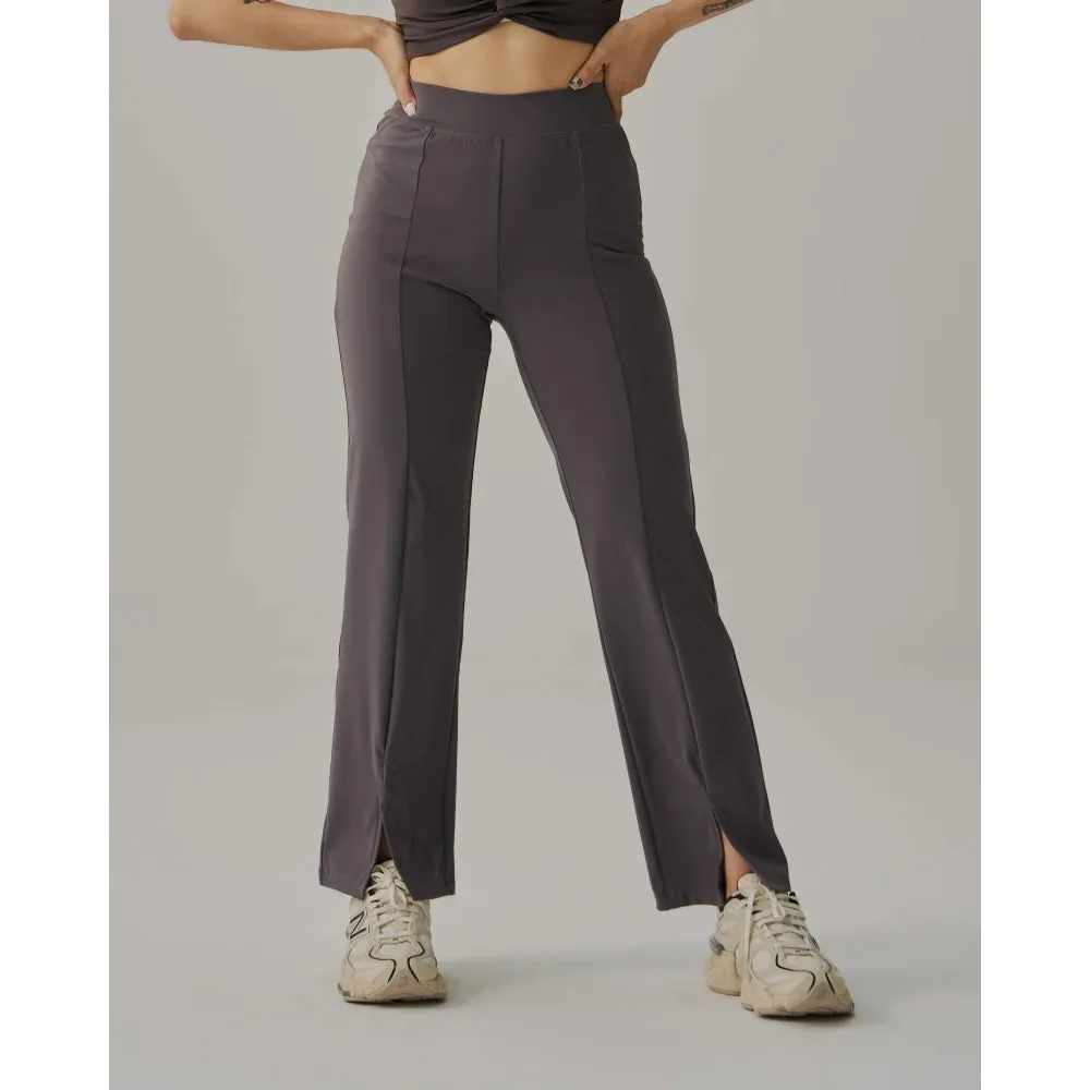 TEAMJOINED JOINED WOMEN FRONT SLIT WIDE LEG PANT-DARK GREY