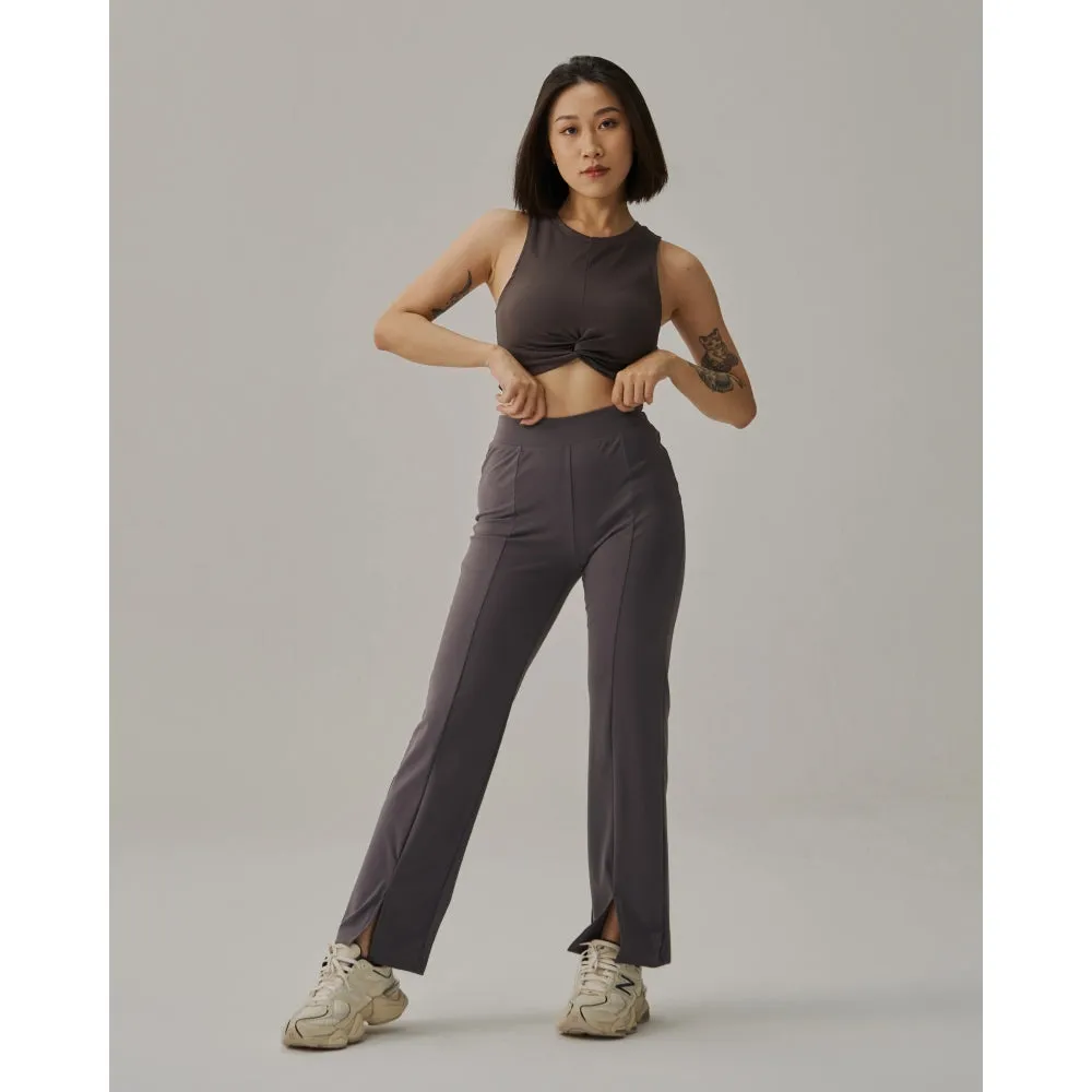 TEAMJOINED JOINED WOMEN FRONT SLIT WIDE LEG PANT-DARK GREY