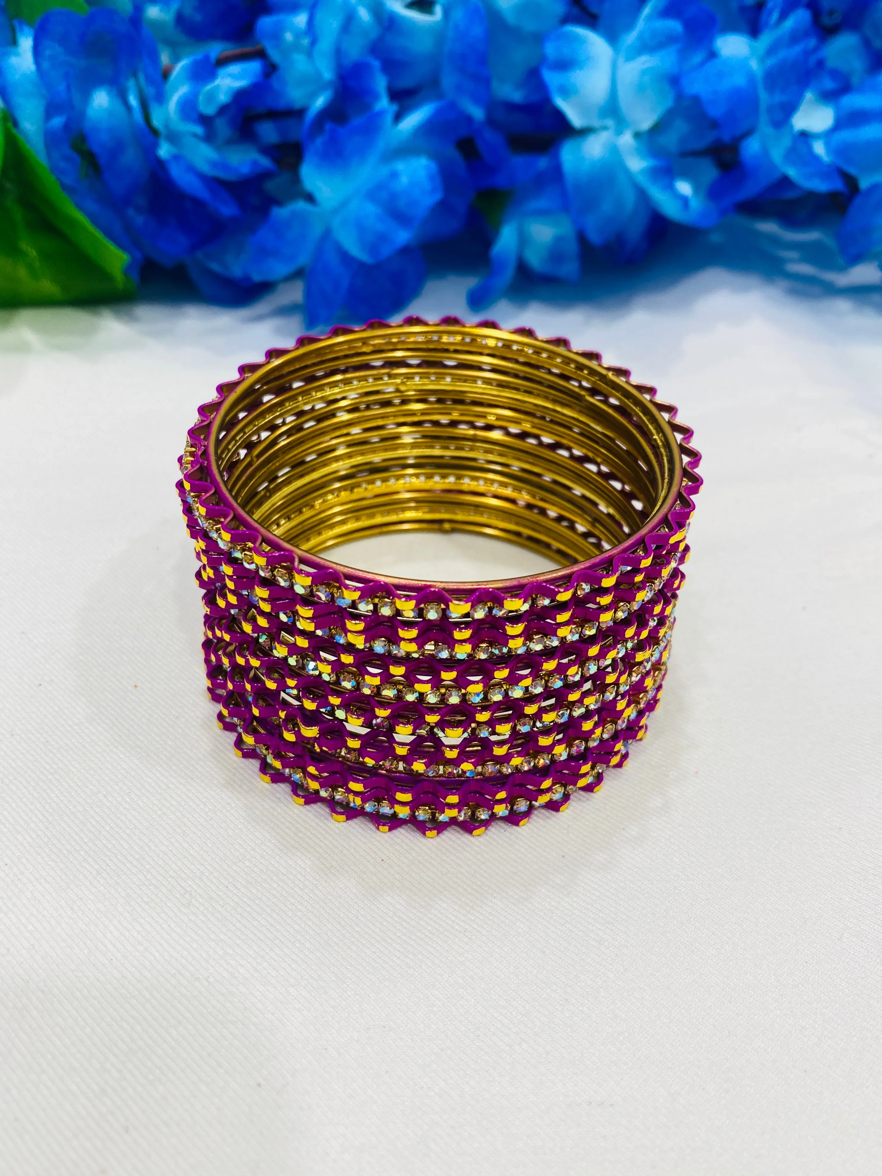 Traditional Pink Color Designer Metal Bangles With White Stone Beads