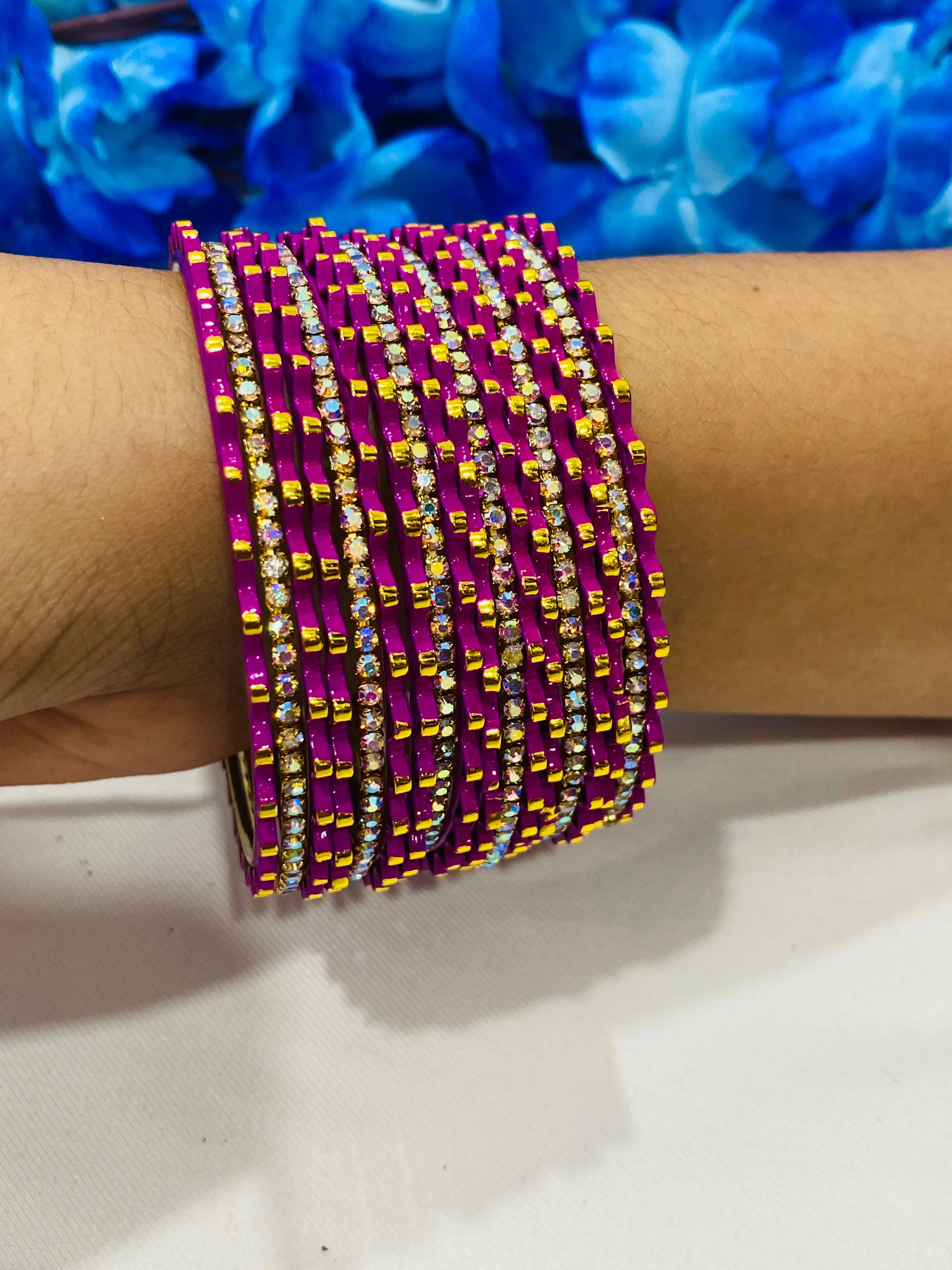 Traditional Pink Color Designer Metal Bangles With White Stone Beads