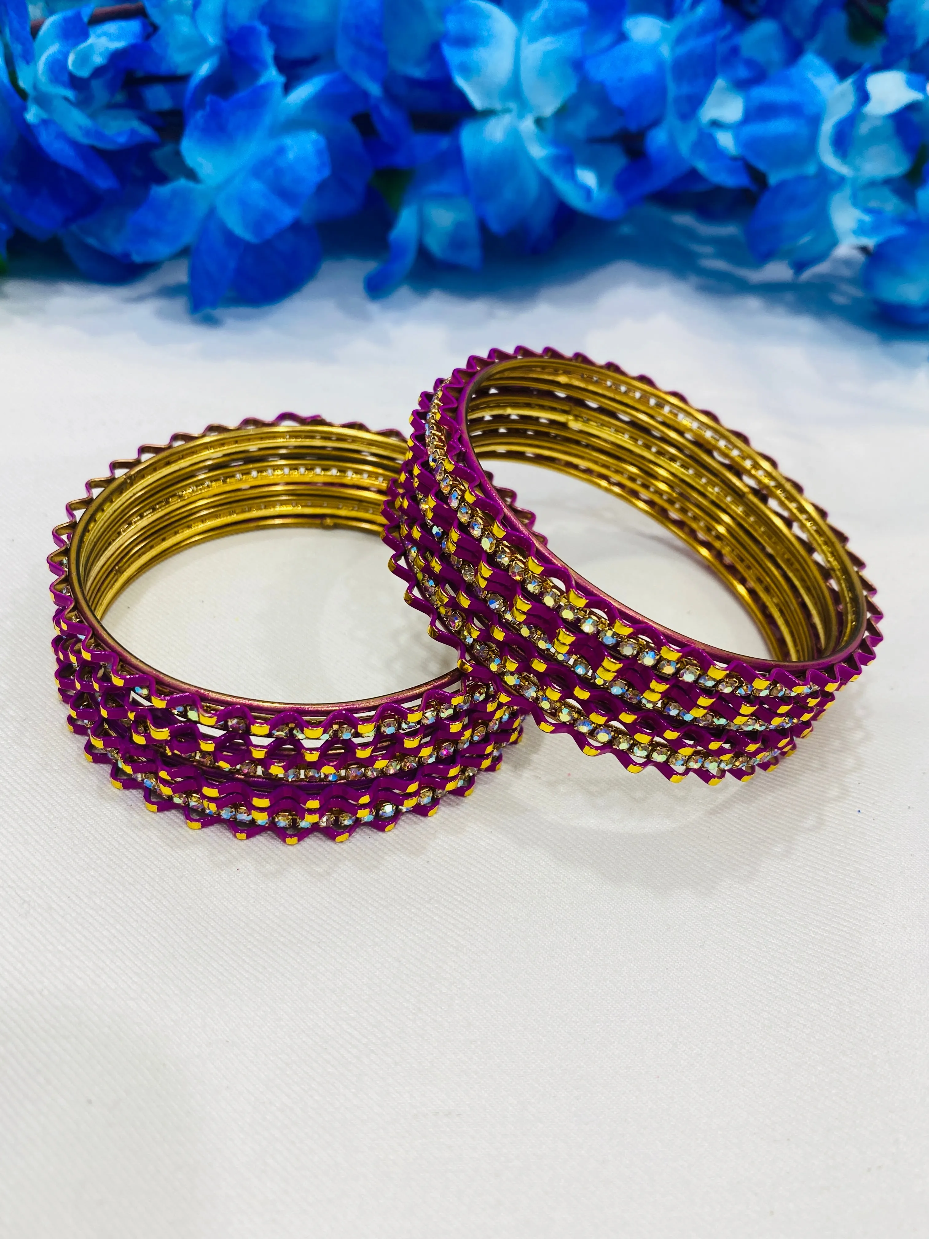 Traditional Pink Color Designer Metal Bangles With White Stone Beads