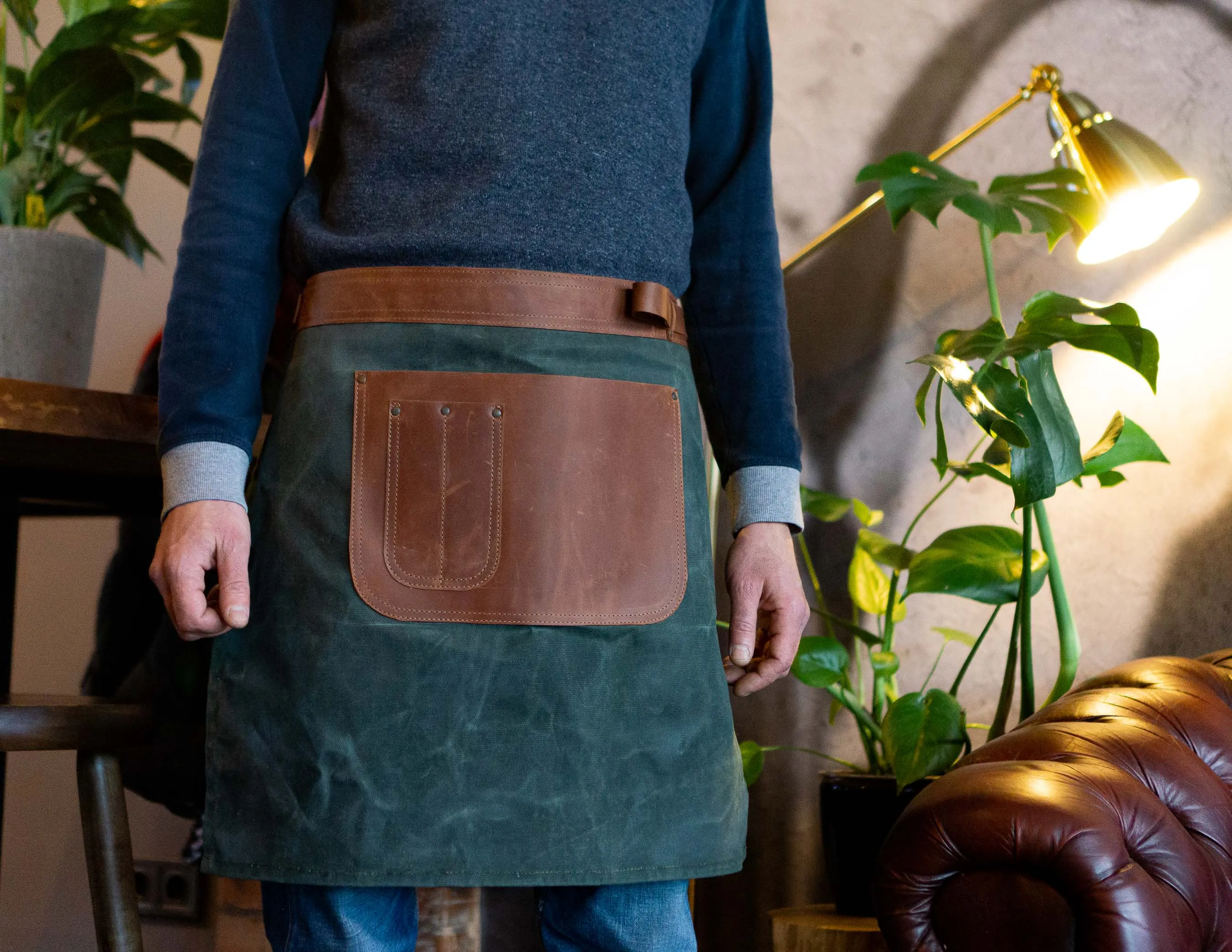 Waxed Canvas Half Apron | Apron With Leather Pockets And Straps | Handmade