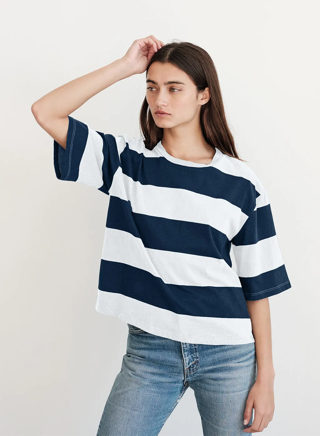 Wide Rugby Stripe Boyfriend Tee in Paper