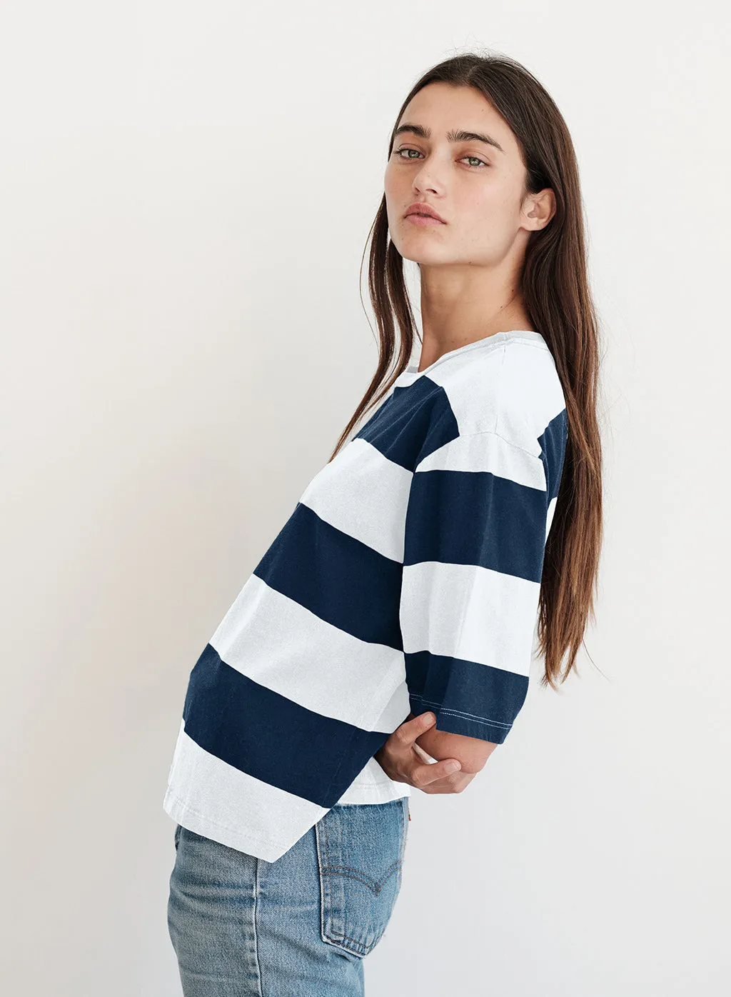 Wide Rugby Stripe Boyfriend Tee in Paper