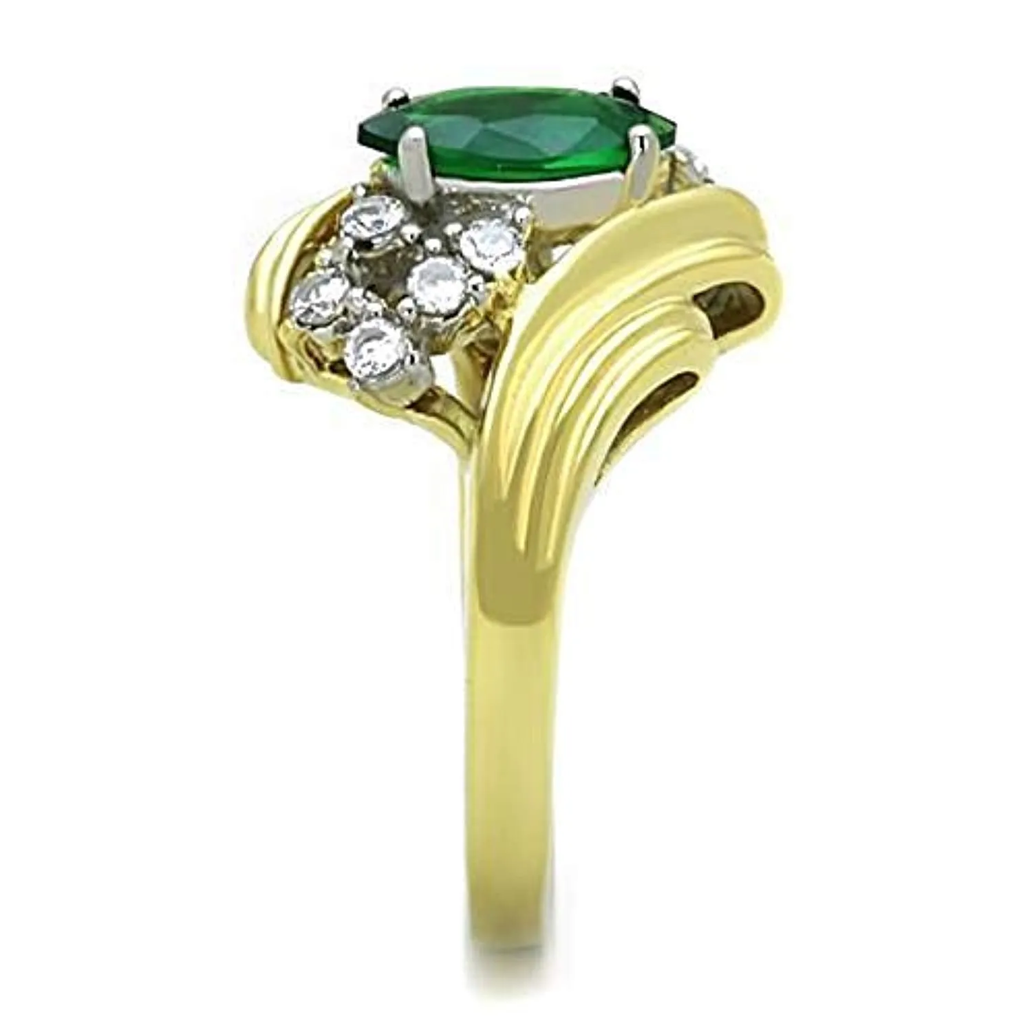 WildKlass Stainless Steel Ring Two-Tone IP Gold Women Synthetic Emerald