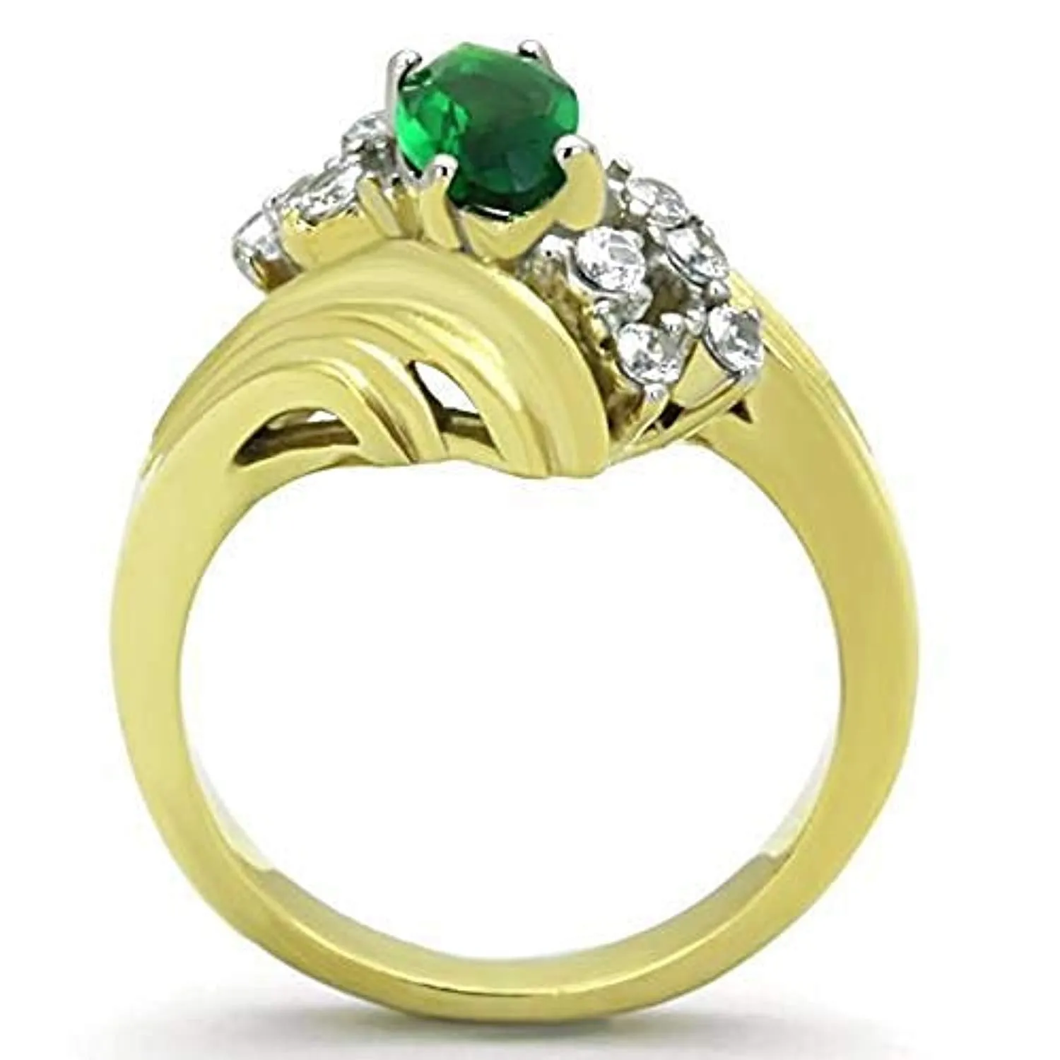 WildKlass Stainless Steel Ring Two-Tone IP Gold Women Synthetic Emerald