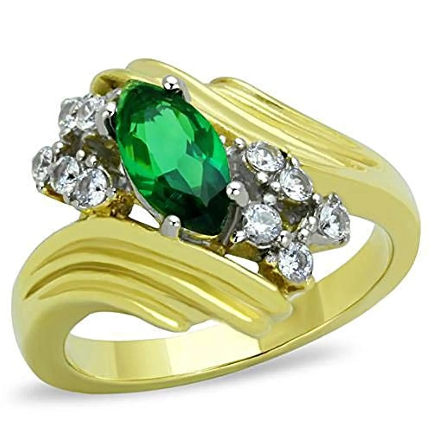 WildKlass Stainless Steel Ring Two-Tone IP Gold Women Synthetic Emerald