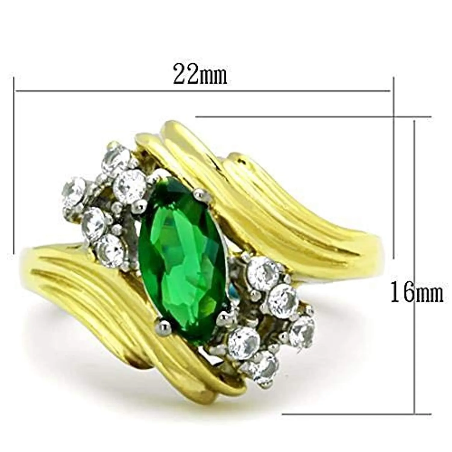 WildKlass Stainless Steel Ring Two-Tone IP Gold Women Synthetic Emerald